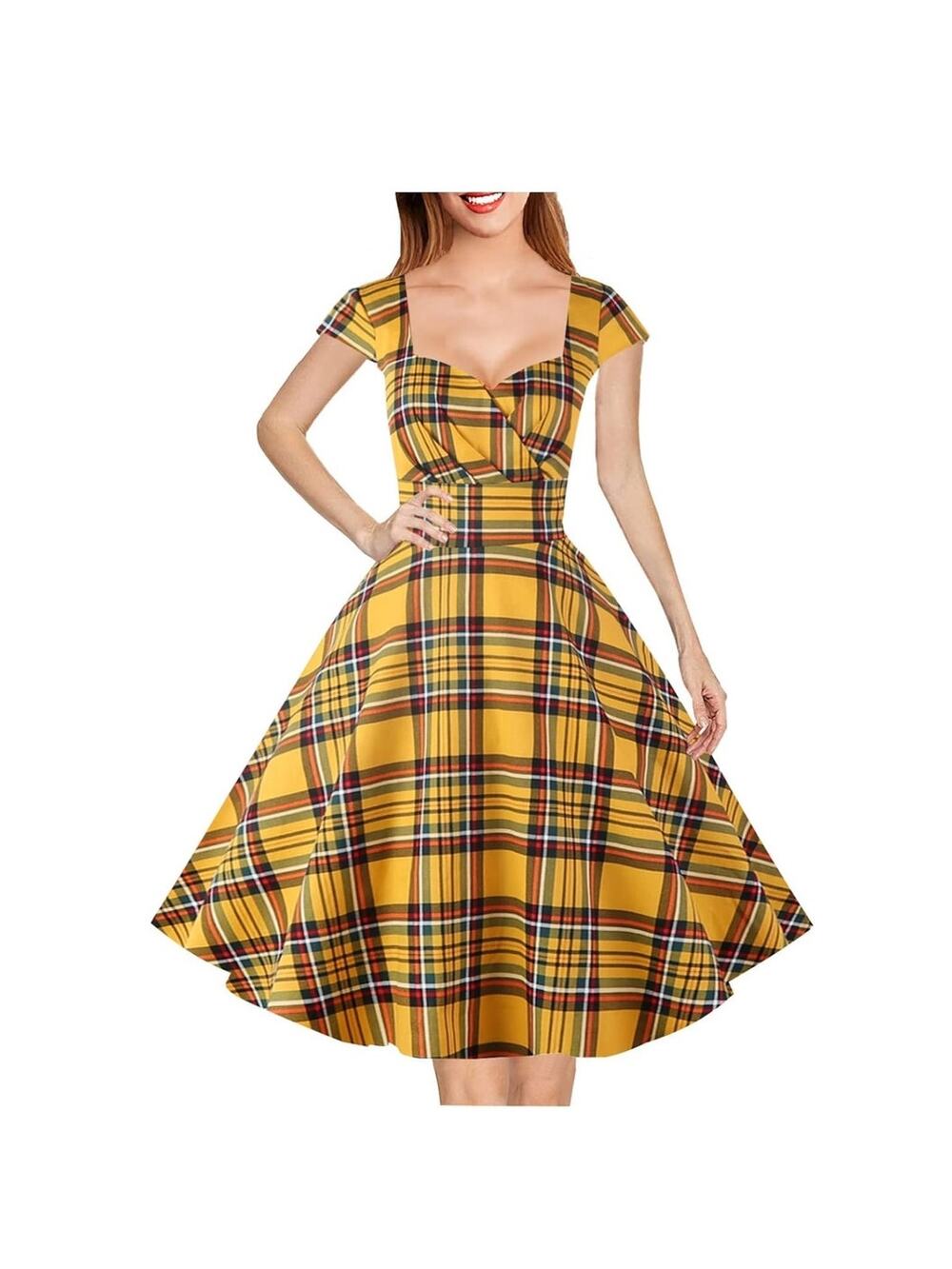 Hanpceirs Cap Sleeve 1950s Retro Vintage Style swing Gold Plaid Dress size XS